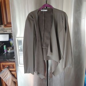 Draped faux leather/suede openfront jacket.